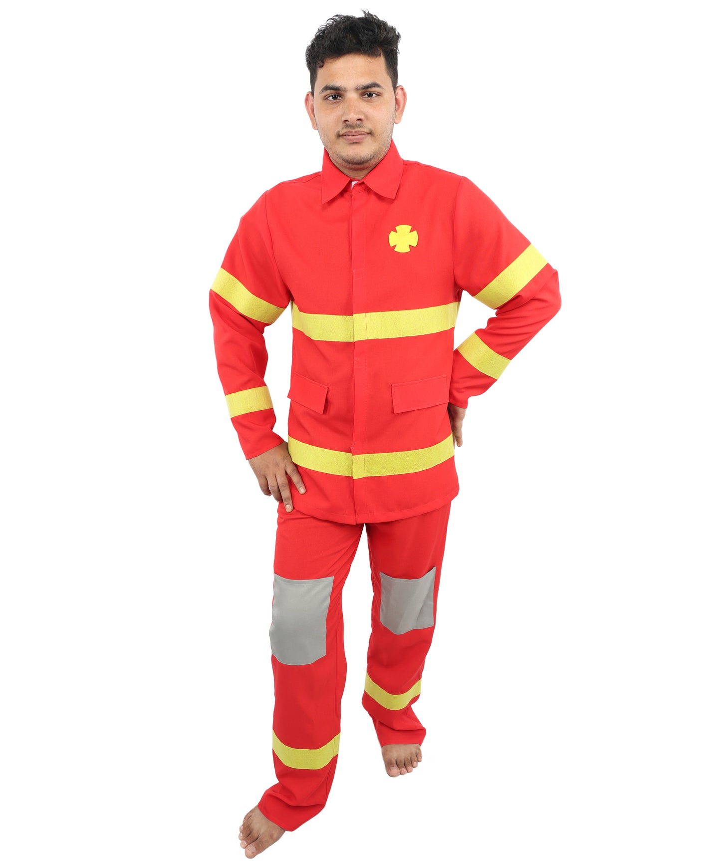 HPO Men’s Fire Rescue Style Red Costume | Halloween Emergency Theme Jacket and Trousers Set | Outfit Use for Parties & Events