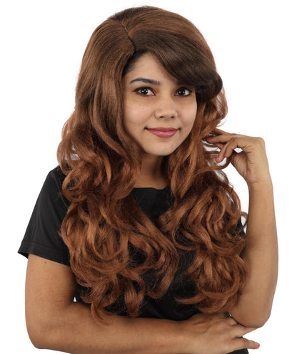 HPO Women’s Long Brown Wavy Wig | Capless Cap 23 Inch Synthetic Hair | Pop Singer Inspired Glamorous Cosplay, Party & Fashion Wig