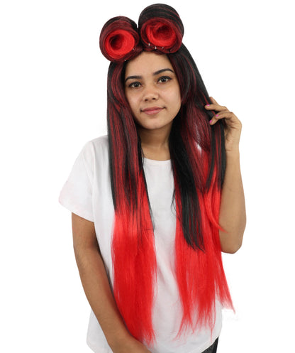 Women’s Straight Black Red Roller-Top Retro Wig | 60s Style Center Part Long Hair | Bold Fancy Dress Party Wig for Fashion, Halloween and Cosplay