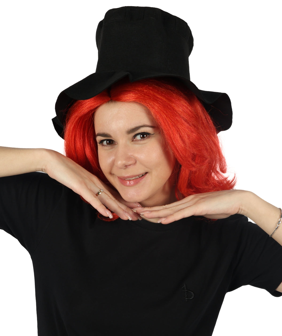 HPO Women's Elegant Gothic Orange Wig and Black Hat–Dark Chic Hairpiece Inspired by Modern Quirk, Premium Breathable Capless Cap