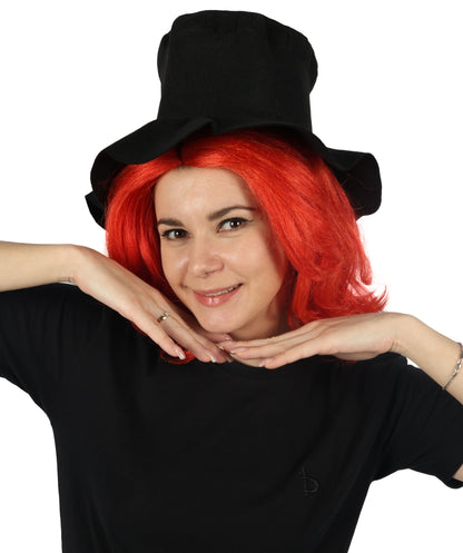 HPO Women's Elegant Gothic Orange Wig and Black Hat–Dark Chic Hairpiece Inspired by Modern Quirk, Premium Breathable Capless Cap