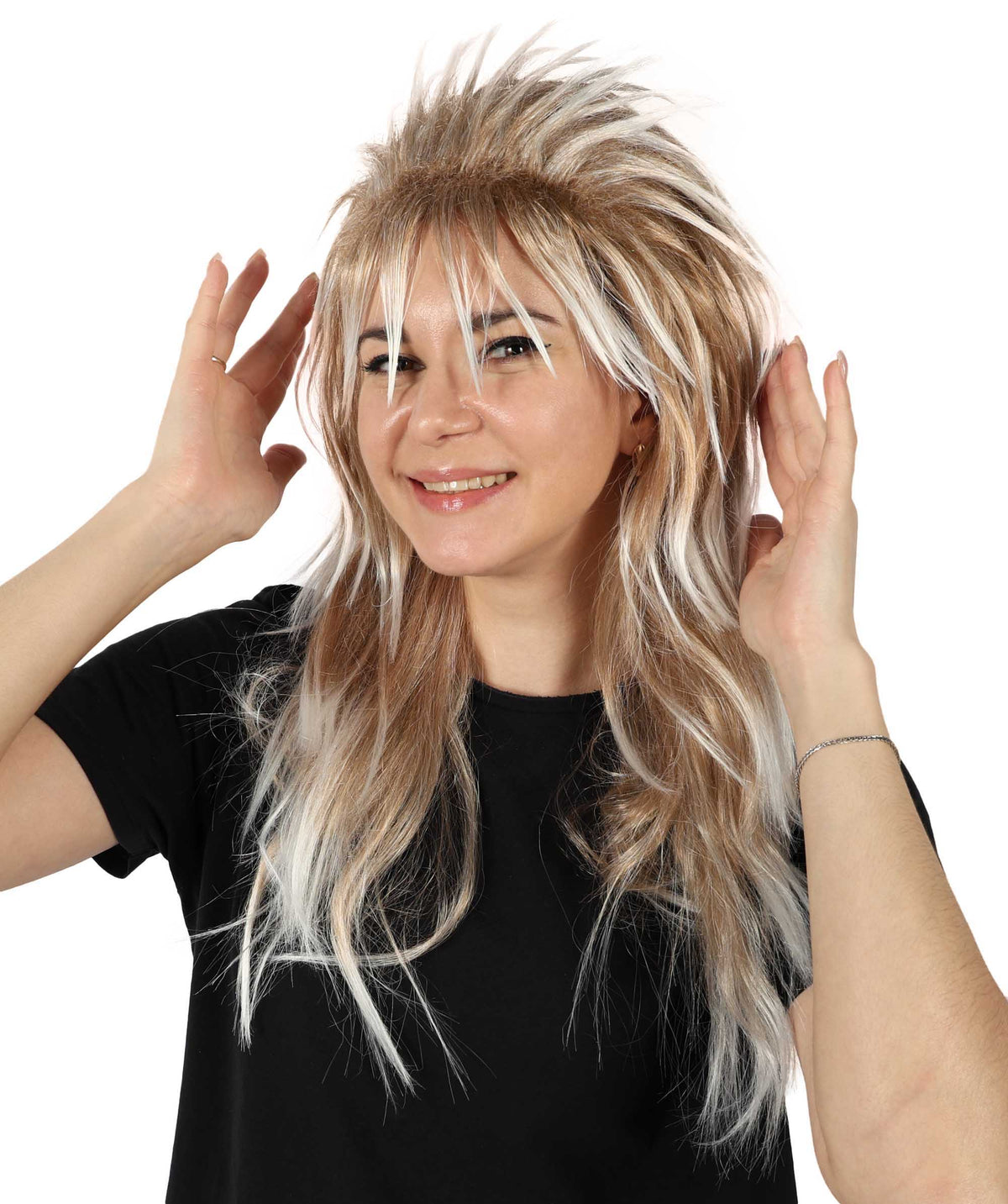HPO Women's Medium Length 80’s Famous Fancy Sparkle Multiple Wig | Halloween and Party Wig | Flame-retardant Synthetic Fiber, Premium Breathable Capless Cap
