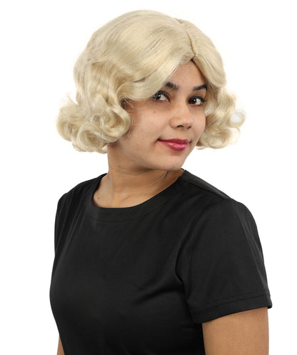 HPO Women’s Medium Length Blonde Curly Retro Wig – 11 Inch Retro Vintage Style Wig with Waves | Inspired by Timeless Music Star Look for Halloween and Cosplay