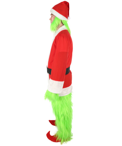 HPO Men’s Festive Furry Creature Green Thief Christmas Costume Set with all accessories | Cosplay Hat and Beard | Flame-retardant Synthetic Fiber