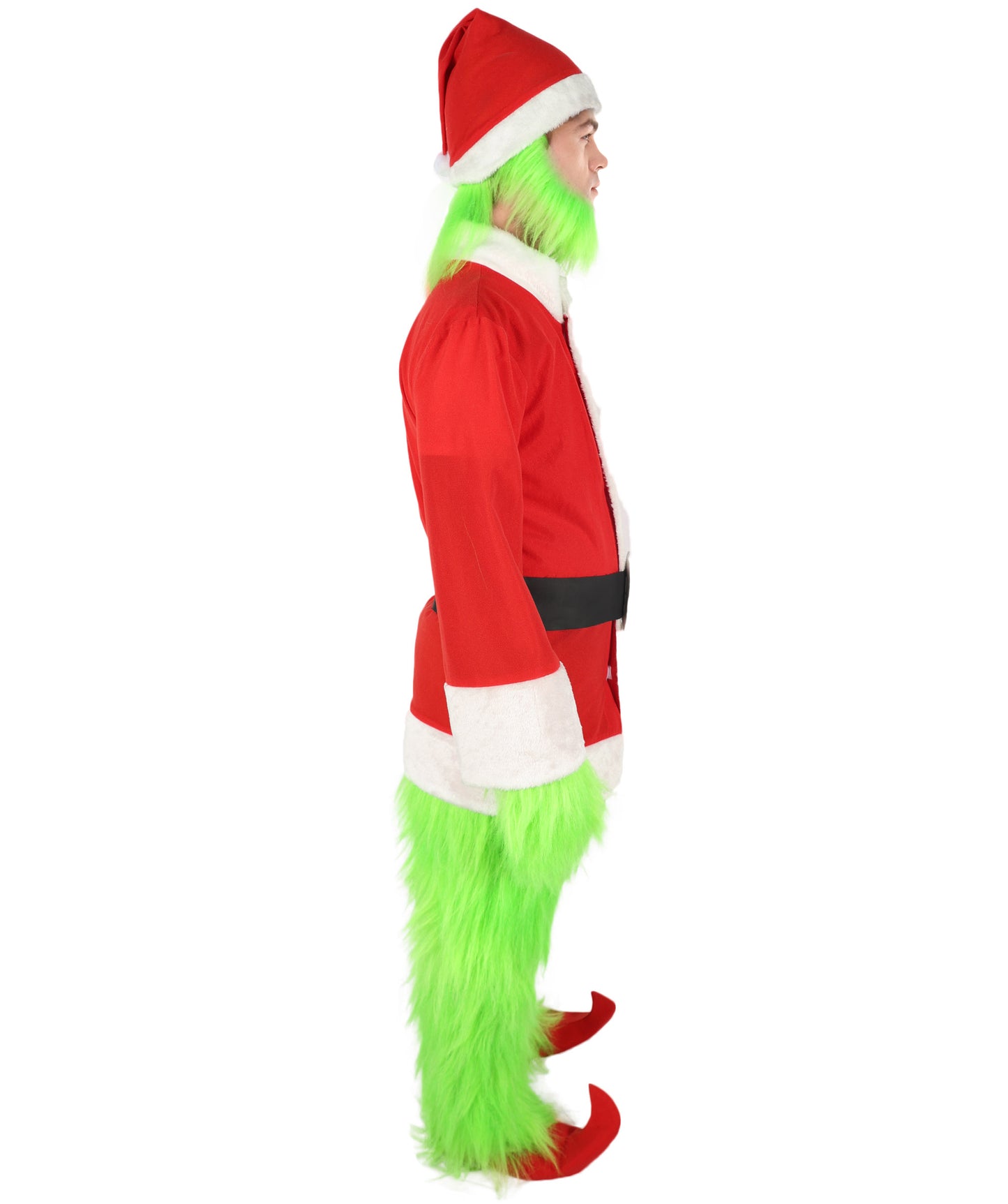 HPO Men’s Festive Furry Creature Green Thief Christmas Costume Set with all accessories | Cosplay Hat and Beard | Flame-retardant Synthetic Fiber