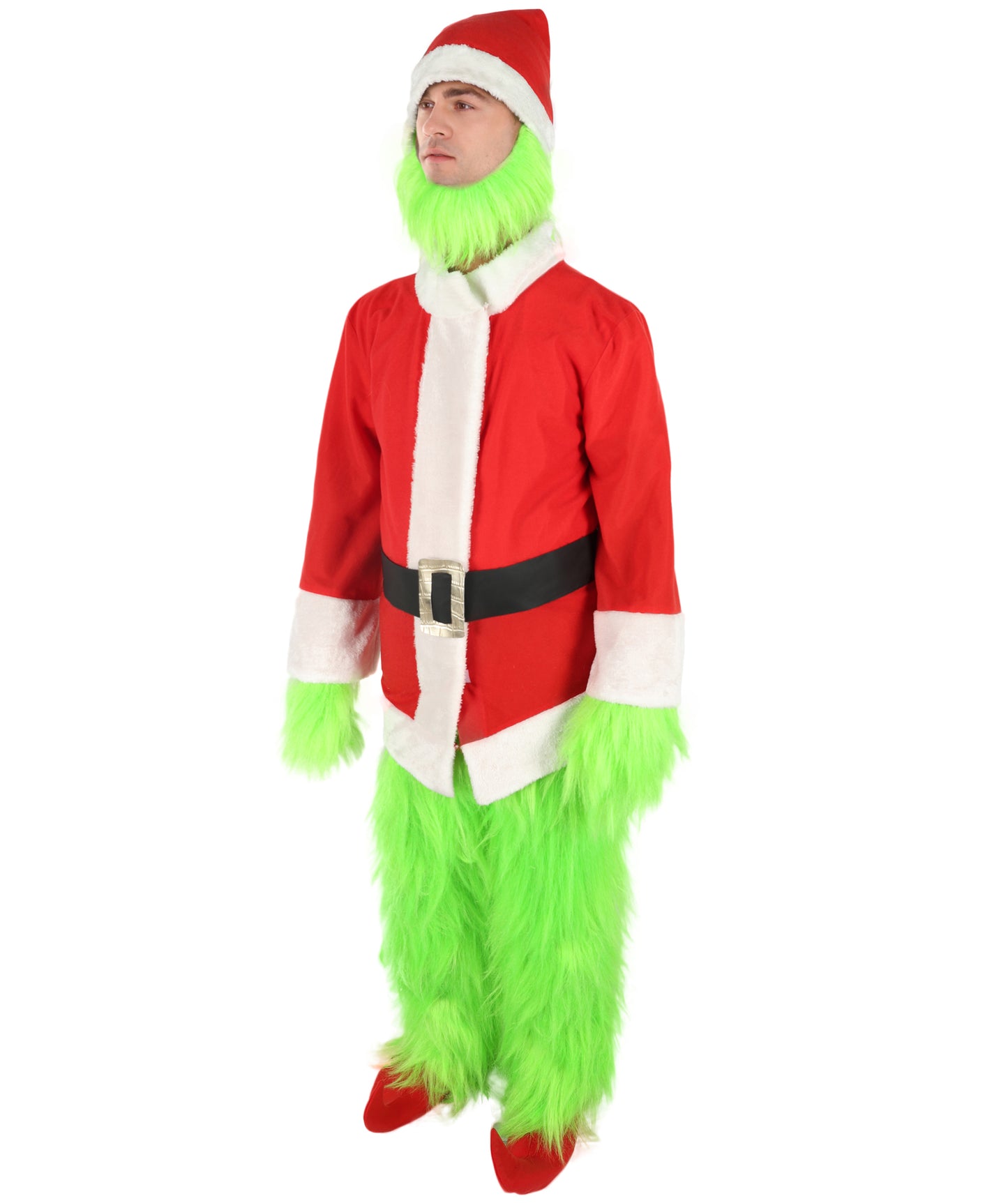 HPO Men’s Festive Furry Creature Green Thief Christmas Costume Set with all accessories | Cosplay Hat and Beard | Flame-retardant Synthetic Fiber