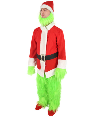 HPO Men’s Festive Furry Creature Green Thief Christmas Costume Set with all accessories | Cosplay Hat and Beard | Flame-retardant Synthetic Fiber