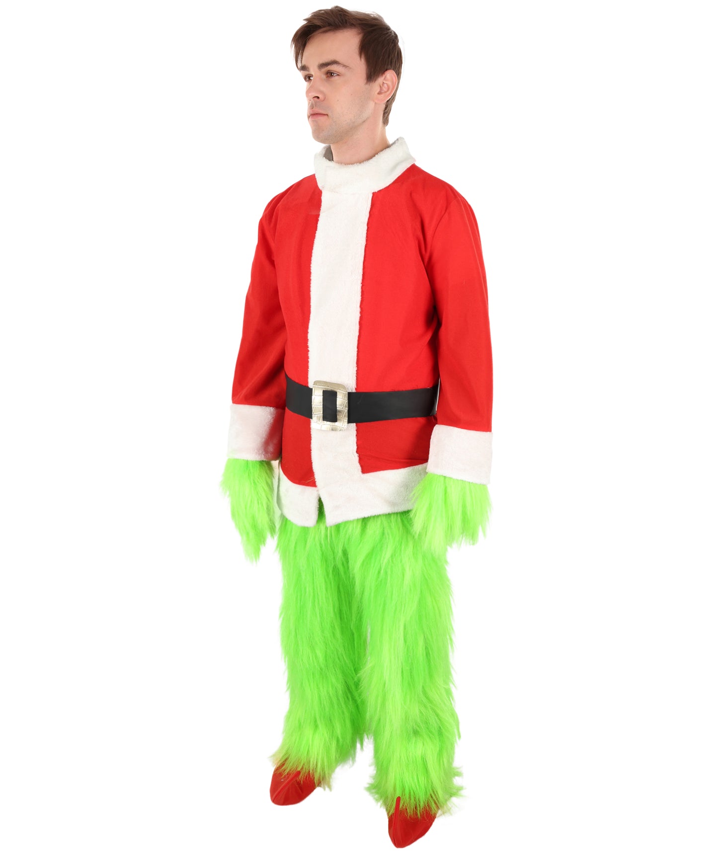 HPO Men’s Festive Furry Creature Green Thief Christmas Costume Set with all accessories | Cosplay Hat and Beard | Flame-retardant Synthetic Fiber