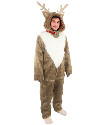 HPO Unisex Reindeer Brown & White Costume | Plush Holiday Outfit with Antlers & Hoof Gloves | Perfect for Christmas, Parties & Festive Events
