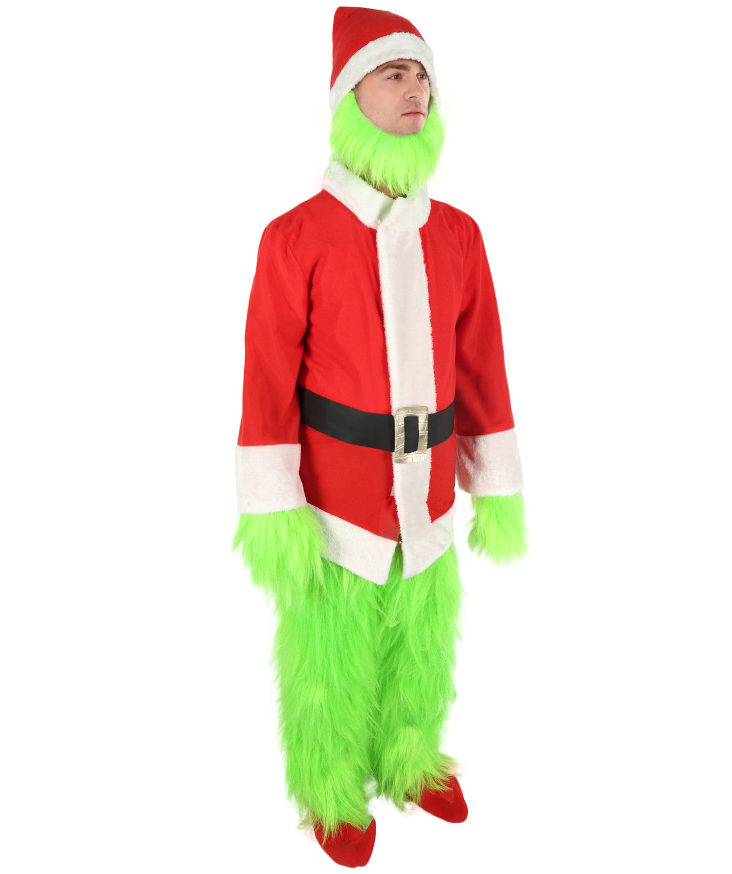 HPO Men’s Festive Furry Creature Green Thief Christmas Costume Set with all accessories | Cosplay Hat and Beard | Flame-retardant Synthetic Fiber