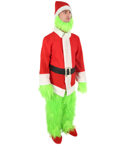 HPO Men’s Festive Furry Creature Green Thief Christmas Costume Set with all accessories | Cosplay Hat and Beard | Flame-retardant Synthetic Fiber