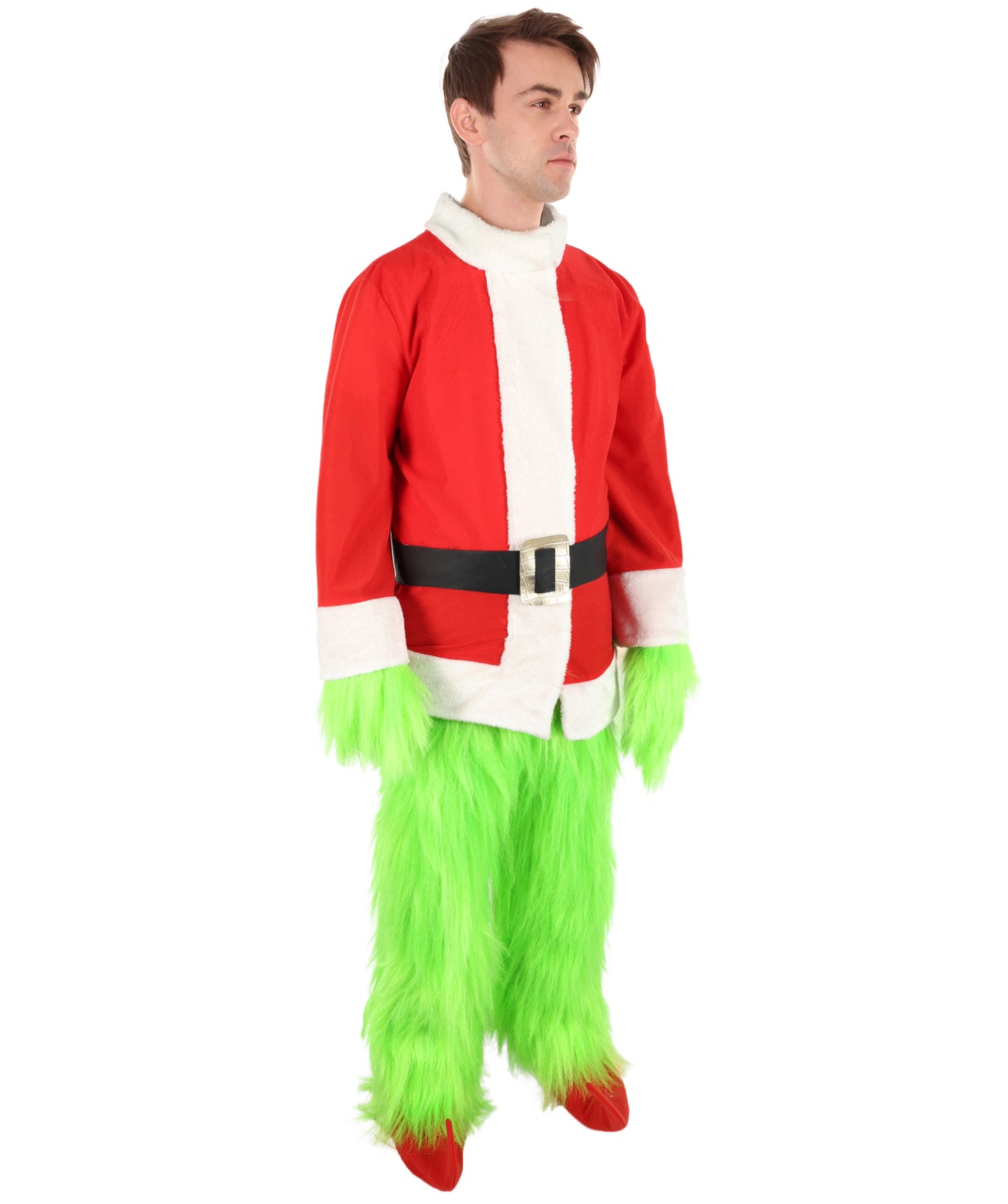 HPO Men’s Festive Furry Creature Green Thief Christmas Costume Set with all accessories | Cosplay Hat and Beard | Flame-retardant Synthetic Fiber