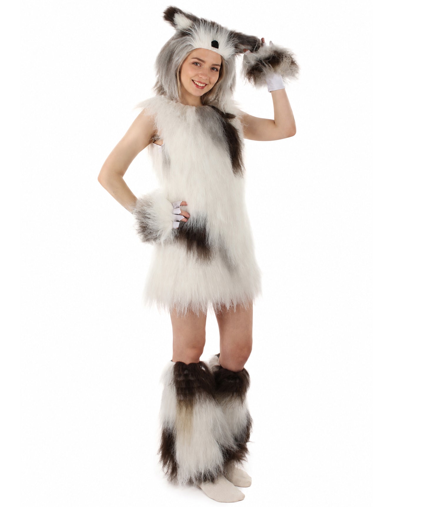 Women's White & Brown Straight Furry Dog Fancy Costume Bundle | Flame-retardant Synthetic Fiber