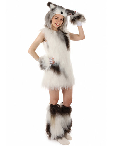 Women's White & Brown Straight Furry Dog Fancy Costume Bundle | Flame-retardant Synthetic Fiber