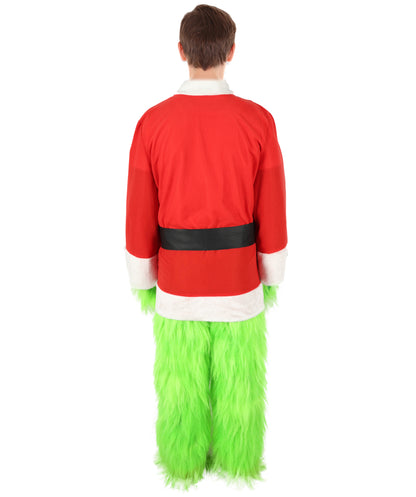 HPO Men’s Festive Furry Creature Green Thief Christmas Costume Set with all accessories | Cosplay Hat and Beard | Flame-retardant Synthetic Fiber