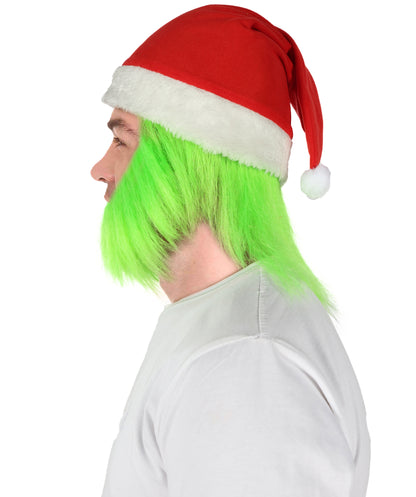 HPO Men’s Festive Furry Creature Green Thief Christmas Costume Set with all accessories | Cosplay Hat and Beard | Flame-retardant Synthetic Fiber