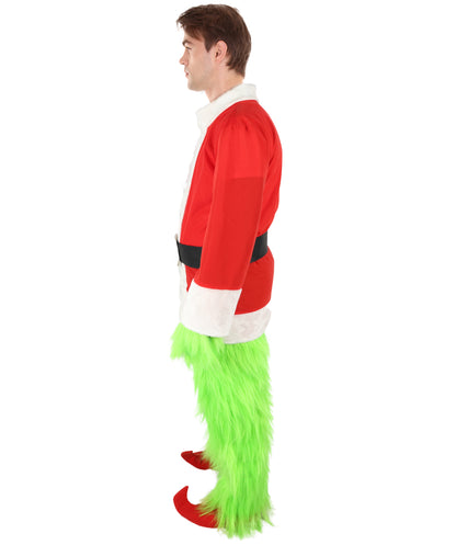 HPO Men’s Festive Furry Creature Green Thief Christmas Costume Set with all accessories | Cosplay Hat and Beard | Flame-retardant Synthetic Fiber