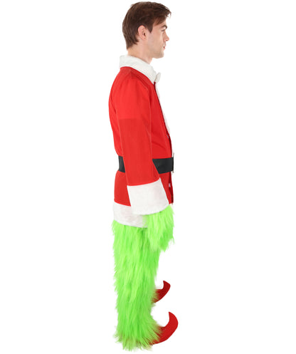 HPO Men’s Festive Furry Creature Green Thief Christmas Costume Set with all accessories | Cosplay Hat and Beard | Flame-retardant Synthetic Fiber