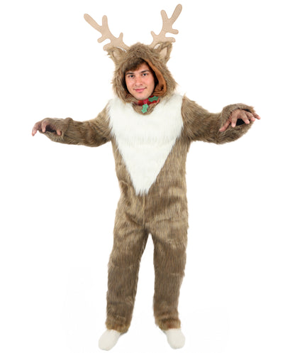 HPO Unisex Reindeer Brown & White Costume | Plush Holiday Outfit with Antlers & Hoof Gloves | Perfect for Christmas, Parties & Festive Events