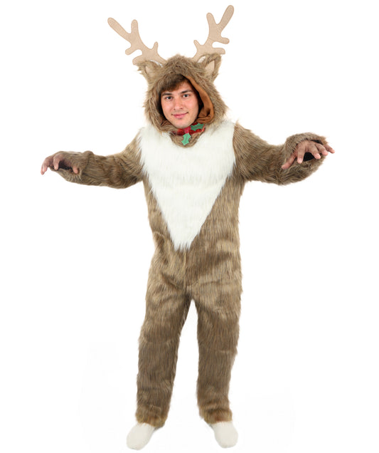 HPO Unisex Reindeer Brown & White Costume | Plush Holiday Outfit with Antlers & Hoof Gloves | Perfect for Christmas, Parties & Festive Events