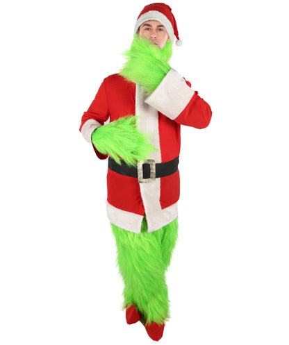 HPO Men’s Festive Furry Creature Green Thief Christmas Costume Set with all accessories | Cosplay Hat and Beard | Flame-retardant Synthetic Fiber