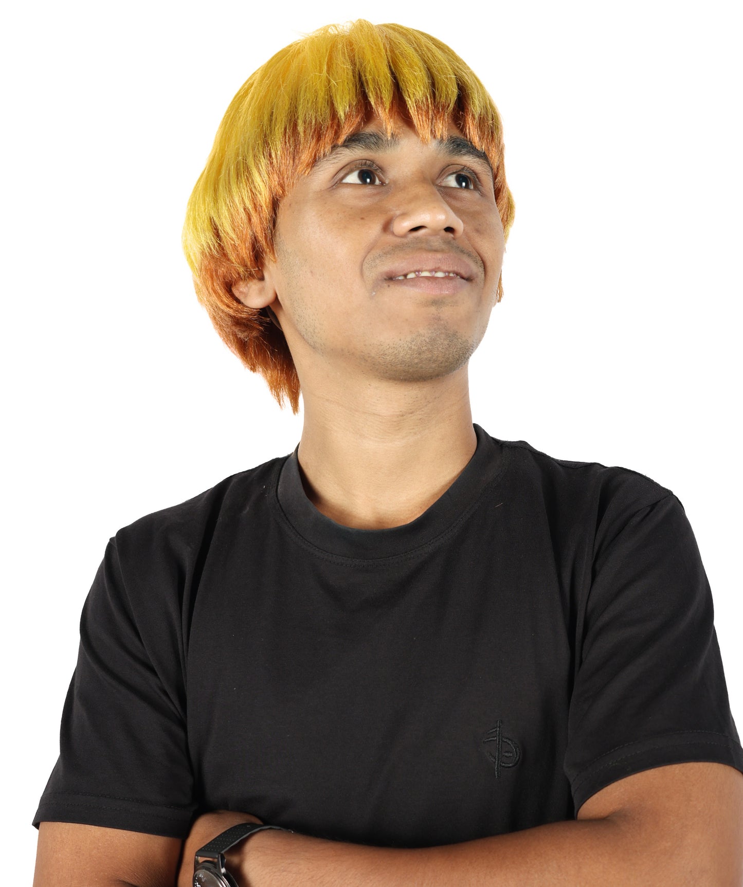 HPO Adult Men's Anime-Inspired Light Golden Yellow Blonde Highlight Spiky Cosplay Men Wig | Short Layered Hair Wig with Lightning Style for Halloween and Conventions