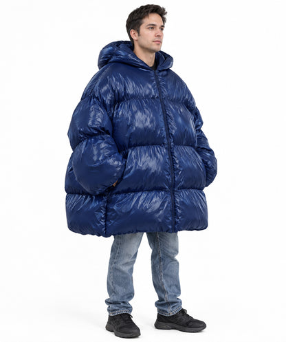HPO Adult Oversized Puffer Jacket Costume with High Padded Collar - Dark Blue Quilted Coat with High Padded Collar Long Sleeves and Rounded Bubble Shape for Halloween Cosplay Events