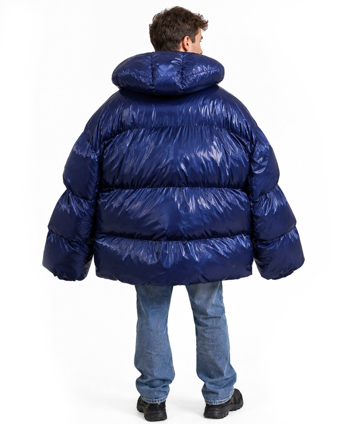 HPO Adult Oversized Puffer Jacket Costume with High Padded Collar - Dark Blue Quilted Coat with High Padded Collar Long Sleeves and Rounded Bubble Shape for Halloween Cosplay Events