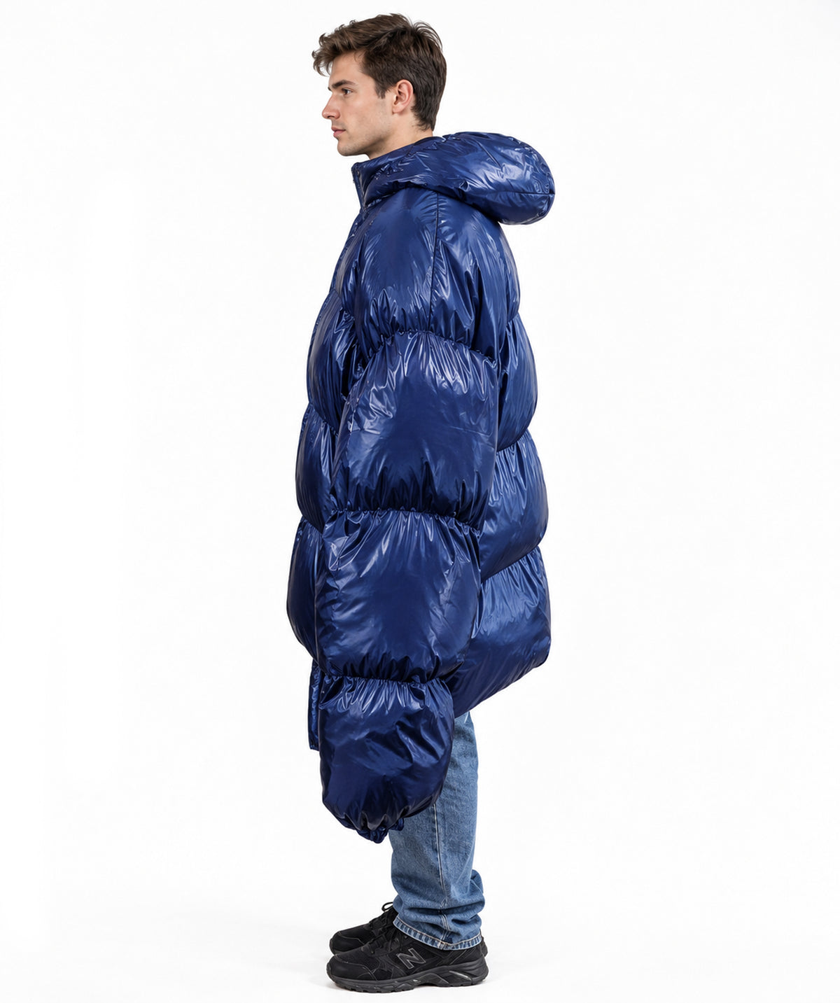 HPO Adult Oversized Puffer Jacket Costume with High Padded Collar - Dark Blue Quilted Coat with High Padded Collar Long Sleeves and Rounded Bubble Shape for Halloween Cosplay Events