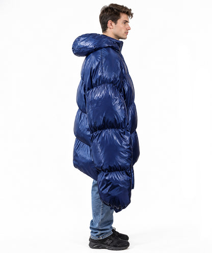HPO Adult Oversized Puffer Jacket Costume with High Padded Collar - Dark Blue Quilted Coat with High Padded Collar Long Sleeves and Rounded Bubble Shape for Halloween Cosplay Events