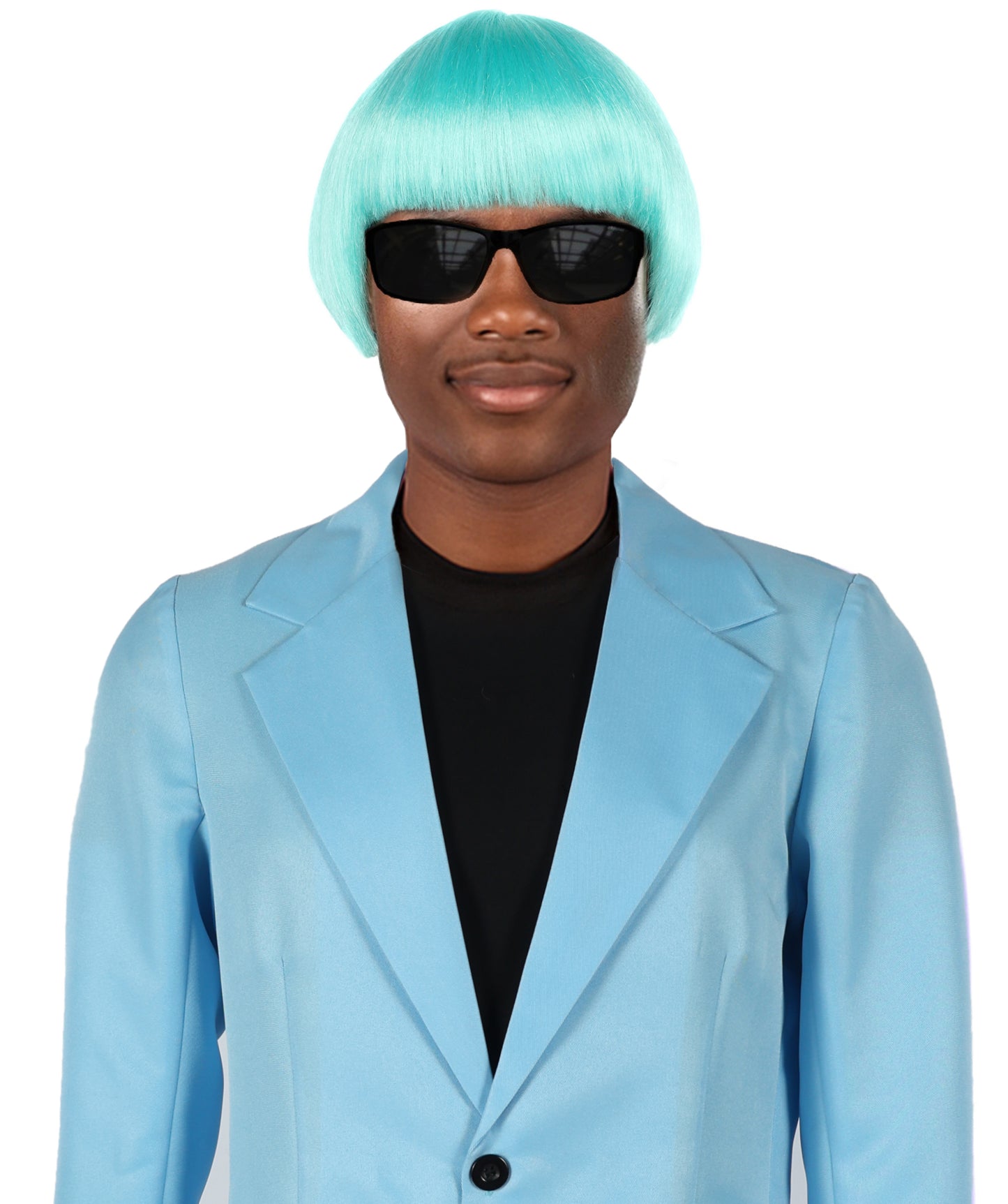 Adult Men’s Earfquake-Inspired Retro Blue Suit Costume & Multiple Bob Wig Bundle | Included sunglass | Bold Retro Look for Cosplay & Costume Events
