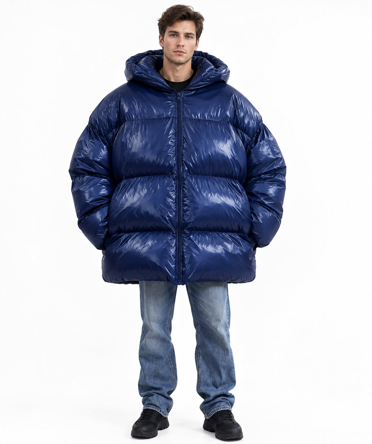 HPO Adult Oversized Puffer Jacket Costume with High Padded Collar - Dark Blue Quilted Coat with High Padded Collar Long Sleeves and Rounded Bubble Shape for Halloween Cosplay Events
