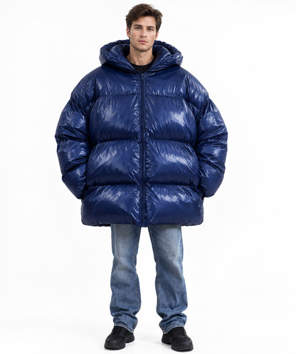 HPO Adult Oversized Puffer Jacket Costume with High Padded Collar - Dark Blue Quilted Coat with High Padded Collar Long Sleeves and Rounded Bubble Shape for Halloween Cosplay Events