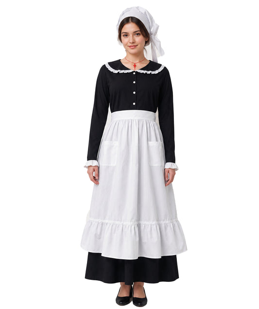 HPO Adult Women Pilgrim Costume Set - Apron Mop Cap Black White Dress for Colonial Maid Thanksgiving Halloween Party Outfit