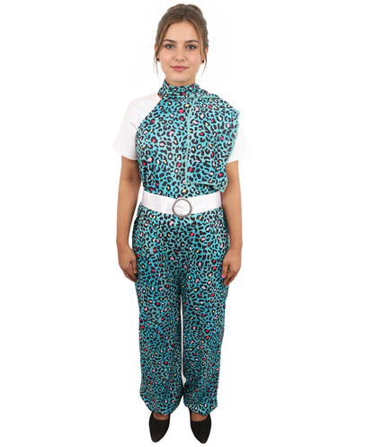 HPO Women's Vintage Disco Dancer Costume | Sleek Patterned Jersey Construction with Satin Accent Belt and Neck Muffler | Ideal for Halloween, Theater, Drag, and 1970s Performance Events