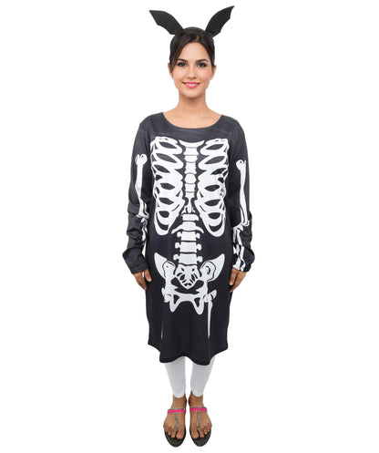 HPO Women's Halloween Skeleton Black & White Costume - Funny Long Sleeve Midi Dress, Black