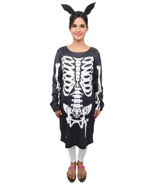 HPO Women's Halloween Skeleton Black & White Costume - Funny Long Sleeve Midi Dress, Black