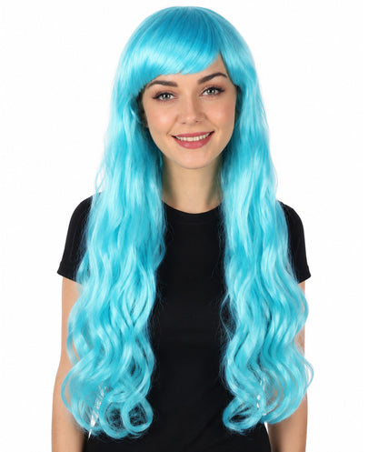 HPO Women's Red Long Wavy Desire Wig with Front Bangs | Halloween and Party Wig | Flame-retardant Synthetic Fiber  |  Premium Breathable Capless Cap