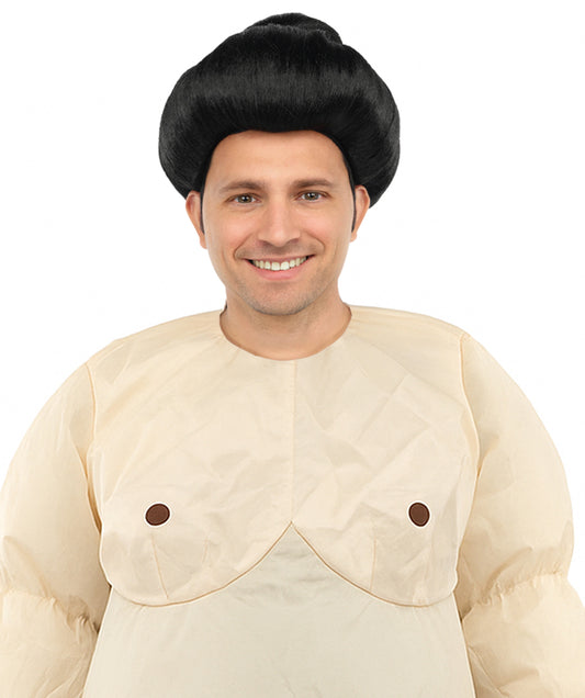 HPO Chinese Ancient Short Wig for Men | Black Traditional Hairpiece with Top Bun | Historical Warrior Cosplay & Costume Accessory