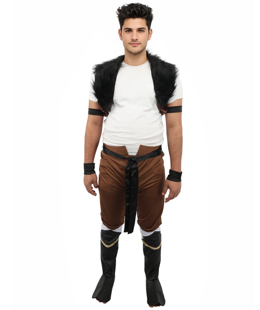 HPO Men's Anime Beast Fighter Suit | Brown and black fur ronior jersey construction featuring a curi, dress, belt, and leg socks | Ideal for party, Halloween, cosplay, theater, drag, performance, costume events
