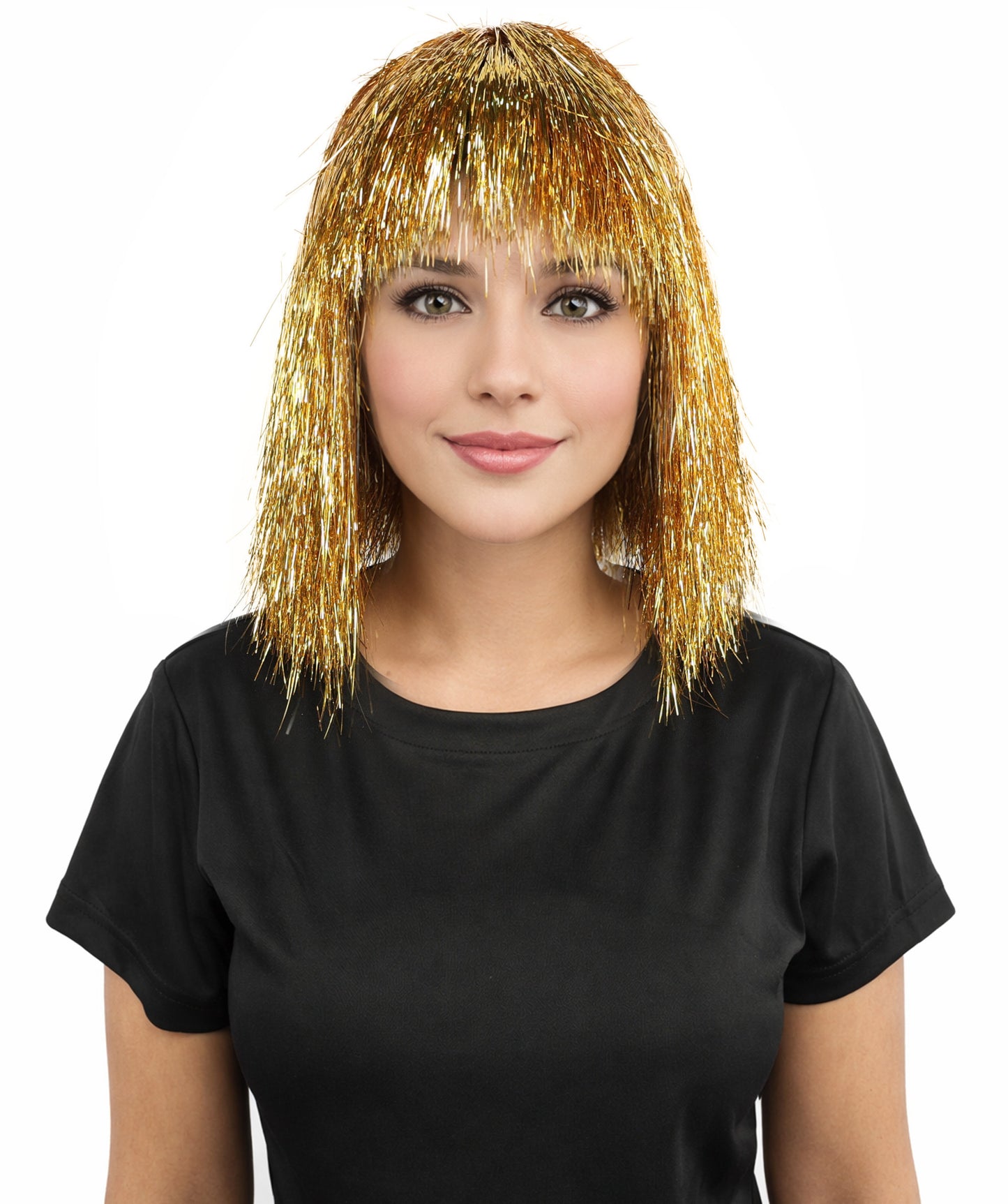 HPO Women's Golden Metallic Bob Wig | Sparkling Tinsel Texture Breathable Cap Fit | Party Halloween Cosplay Theater Dance Costume Events
