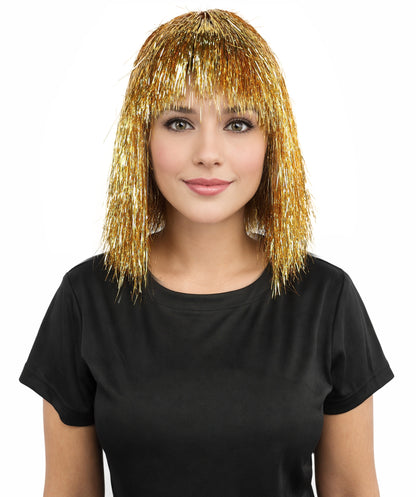 HPO Women's Golden Metallic Bob Wig | Sparkling Tinsel Texture Breathable Cap Fit | Party Halloween Cosplay Theater Dance Costume Events
