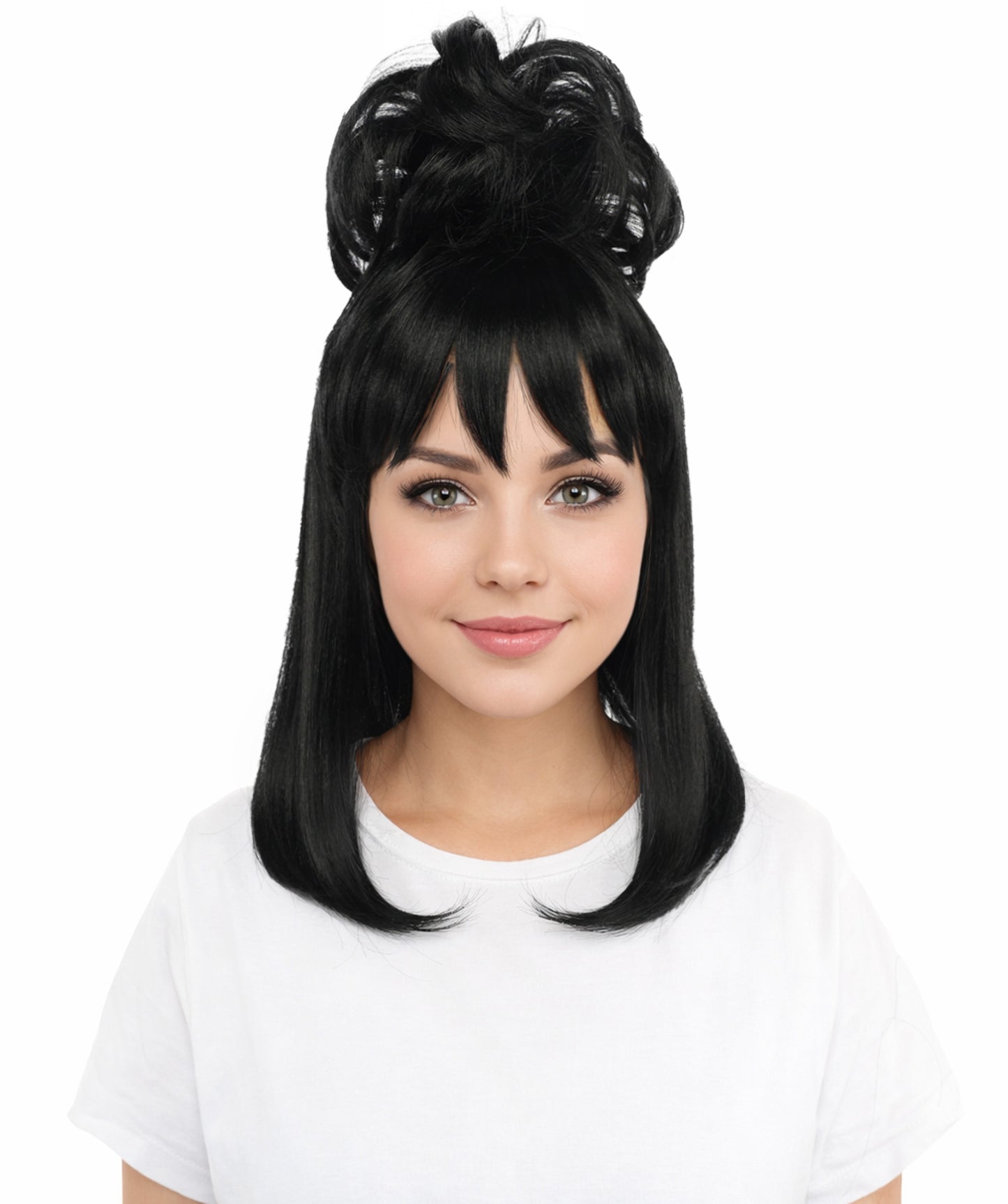 HPO Women's Retro Beehive Updo Wig | Black Hair Style with Straight Bangs | Ideal for Theme Events, Fancy Dress Wear & Party Performances
