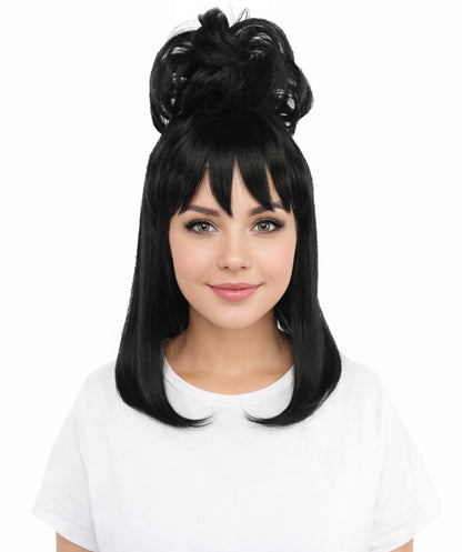 HPO Women's Retro Beehive Updo Wig | Black Hair Style with Straight Bangs | Ideal for Theme Events, Fancy Dress Wear & Party Performances