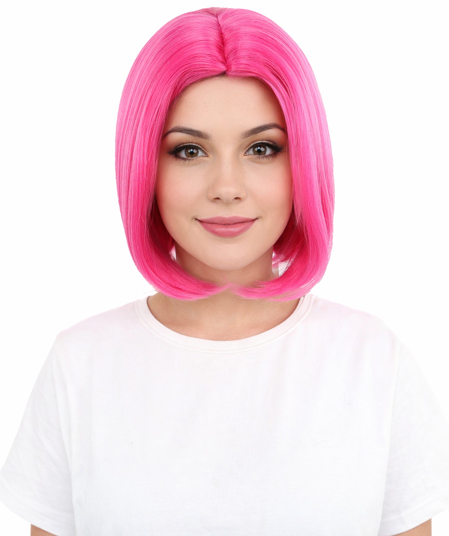 HPO Women’s Straight Pink Bob Wig – 10 Inch Chin-Length with Middle Part | Flame-retardant Synthetic Fiber for Halloween, Cosplay, Party & Festival Use