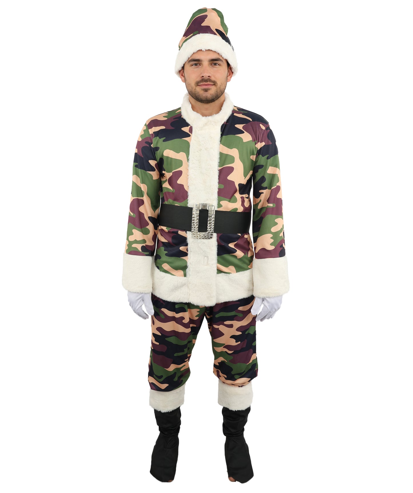 HPO Men's Camouflage Santa Costume | Plush Faux Fur Trimmed Jacket and Pants with Matching Hat | Ideal for Halloween, Theater, Drag, and Outdoor Holiday Events