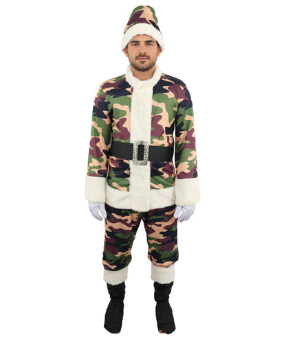 HPO Men's Camouflage Santa Costume | Plush Faux Fur Trimmed Jacket and Pants with Matching Hat | Ideal for Halloween, Theater, Drag, and Outdoor Holiday Events