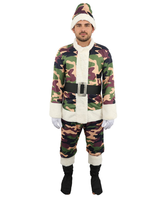 HPO Men's Camouflage Santa Costume | Plush Faux Fur Trimmed Jacket and Pants with Matching Hat | Ideal for Halloween, Theater, Drag, and Outdoor Holiday Events