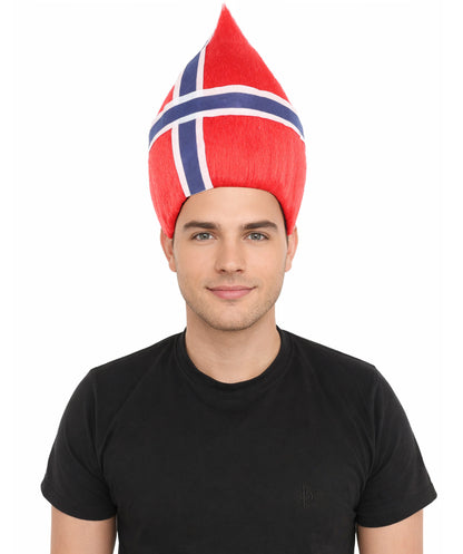 HPO Unisex Norway Flag Troll Wig – Red White Navy Spiky Hair with Capless Cap | Fan Wig for Sports Events, National Celebrations & Parties