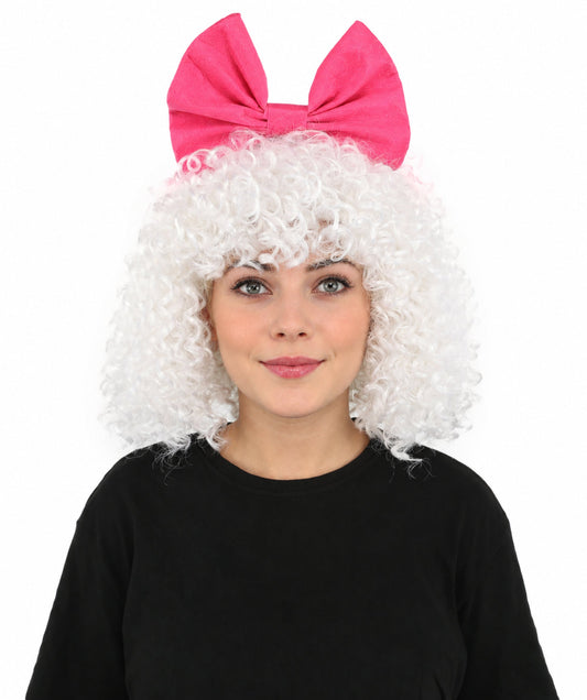 Adult Curly White Wig with Pink Bow | 11 Inch Medium Synthetic Costume Hairpiece | Ideal for Halloween, Cosplay, Parties, Theater & Dress Up Events